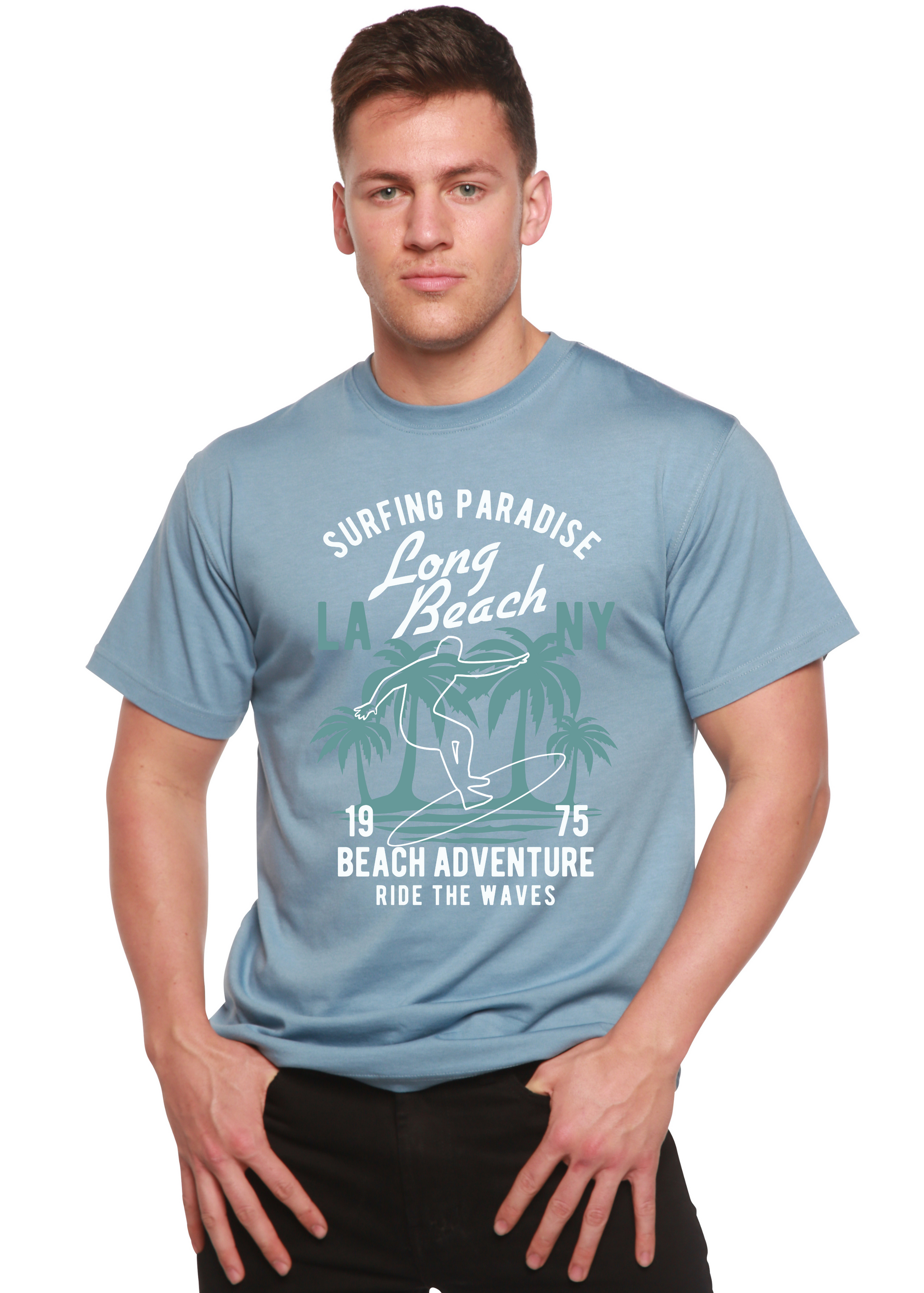 Beach Adventure Bamboo Tee light blue graphic shirt with palm wave print by Spun Bamboo on Tampa Home & Garden Store