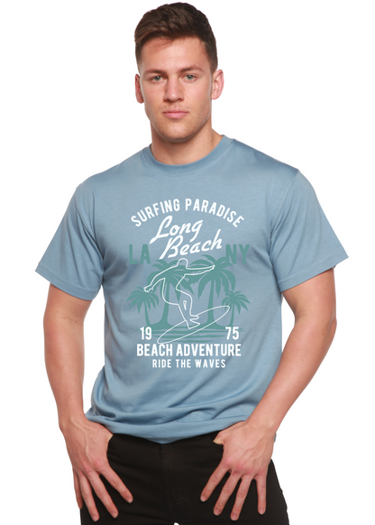 Beach Adventure Bamboo Tee light blue graphic shirt with palm wave print by Spun Bamboo on Tampa Home & Garden Store