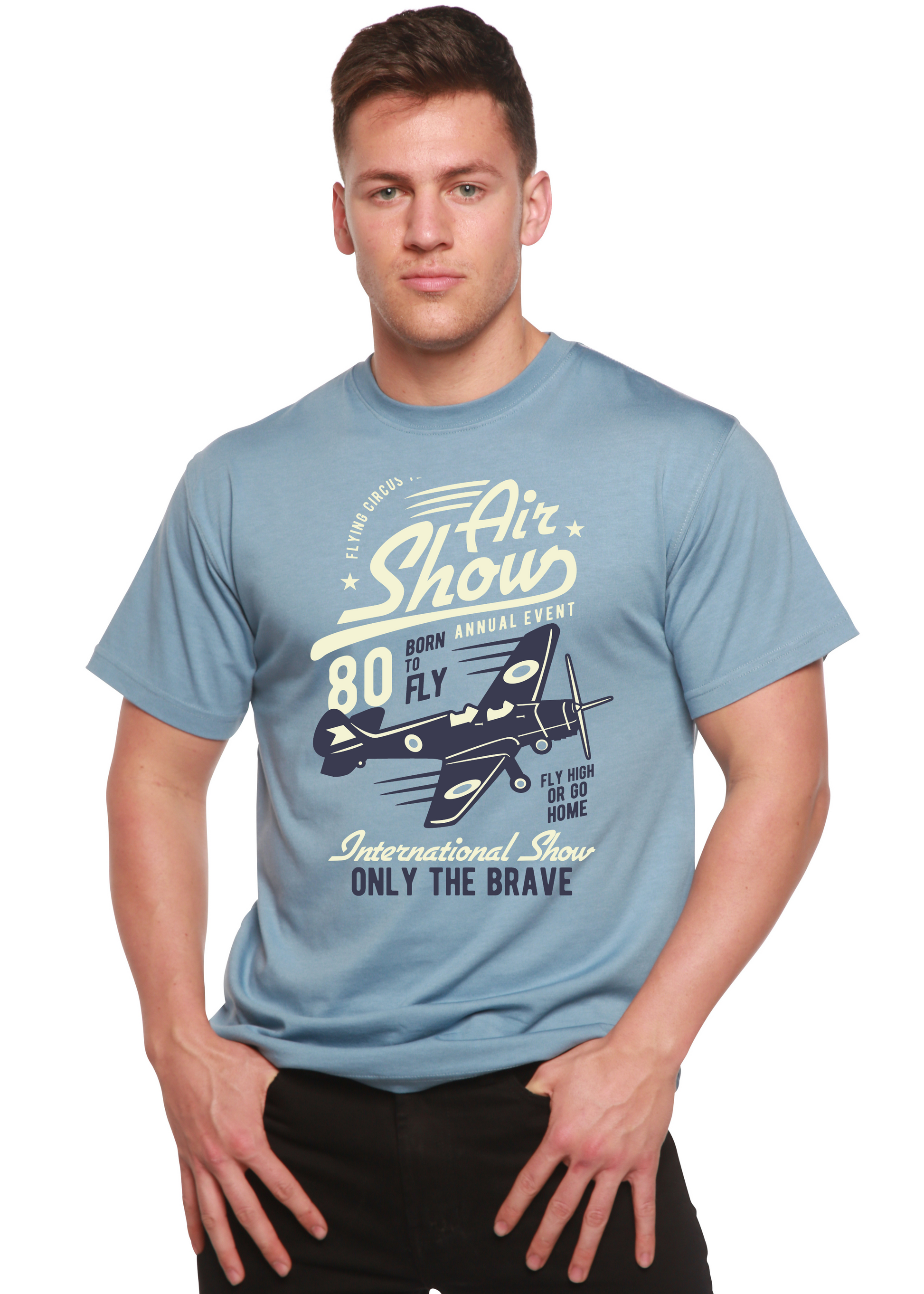 Air Show men's bamboo viscose/organic cotton graphic T-shirt light blue with airplane print on Tampa Home & Garden Store