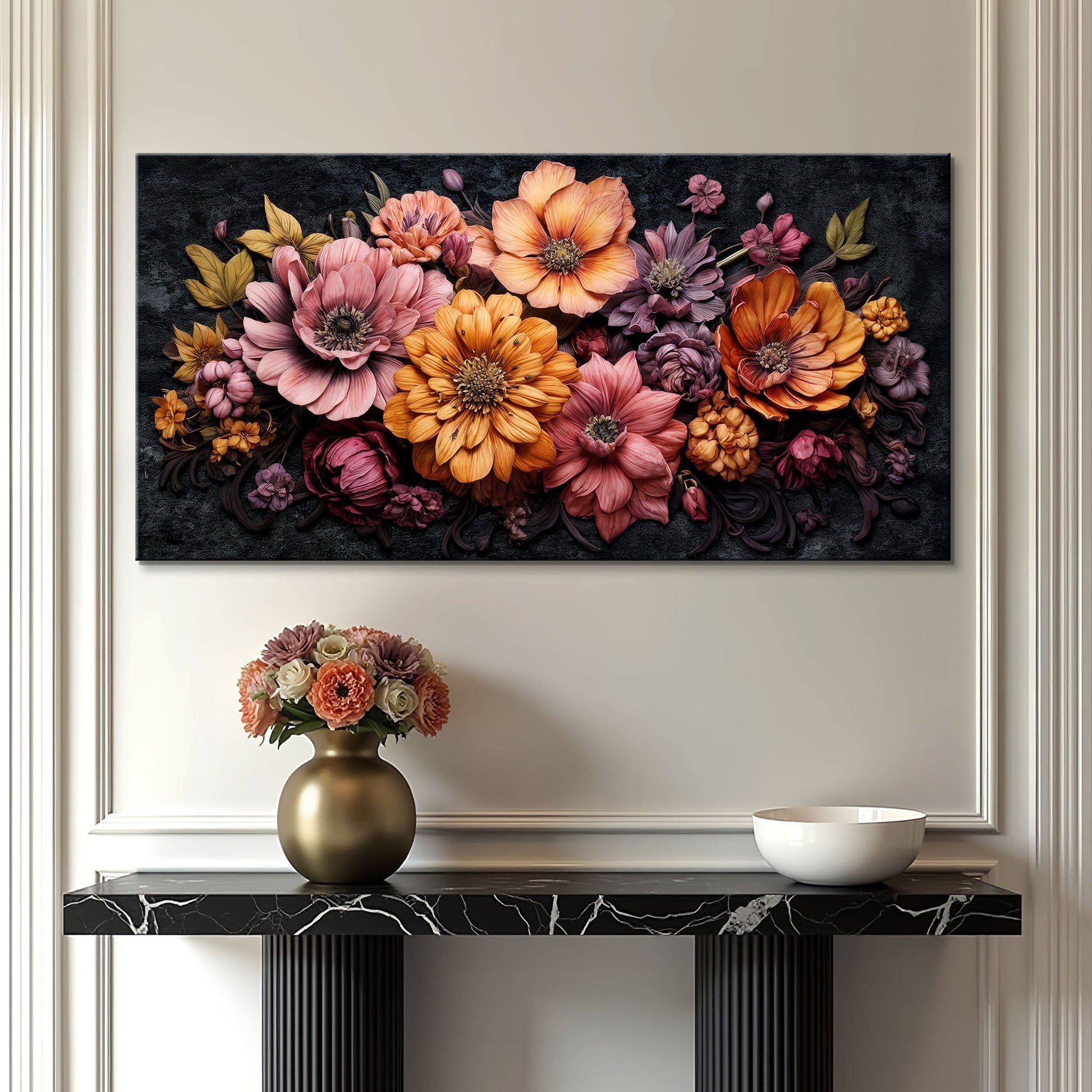 Colorful Floral Realistic Wall Art canvas with pink and orange blooms on a dark textured backdrop on Tampa Home & Garden Store
