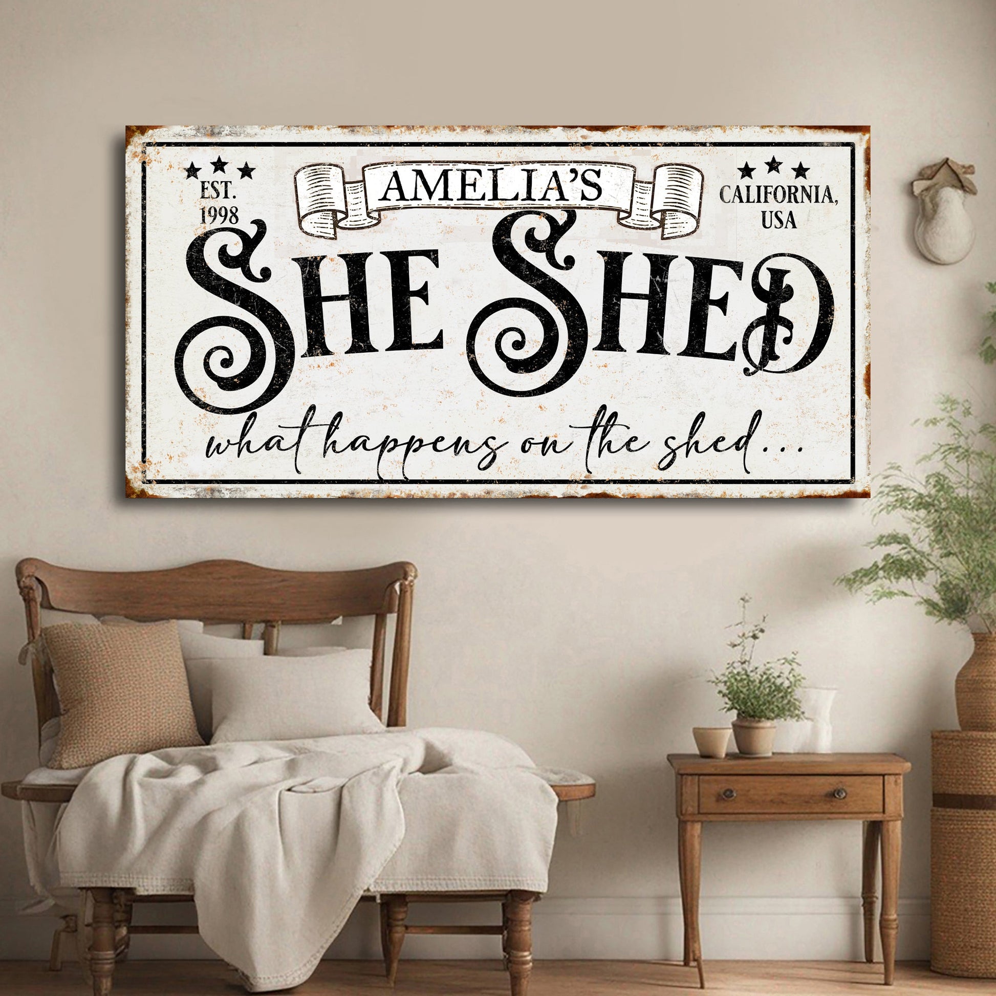 Personalized She Shed Sign IV canvas art by Tailored Canvases with vintage script on Tampa Home & Garden Store