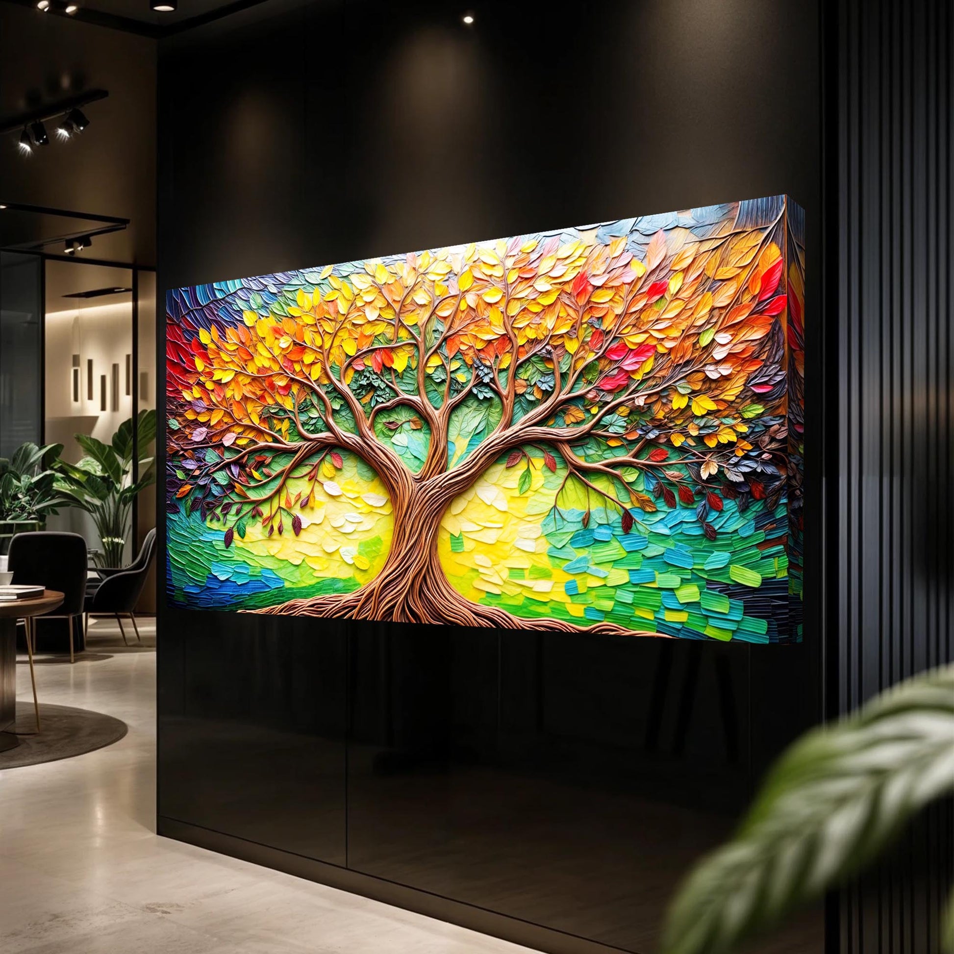 Tree Of Life Wall Art canvas by Tailored Canvases, vibrant rainbow leaves tree on display on Tampa Home & Garden Store