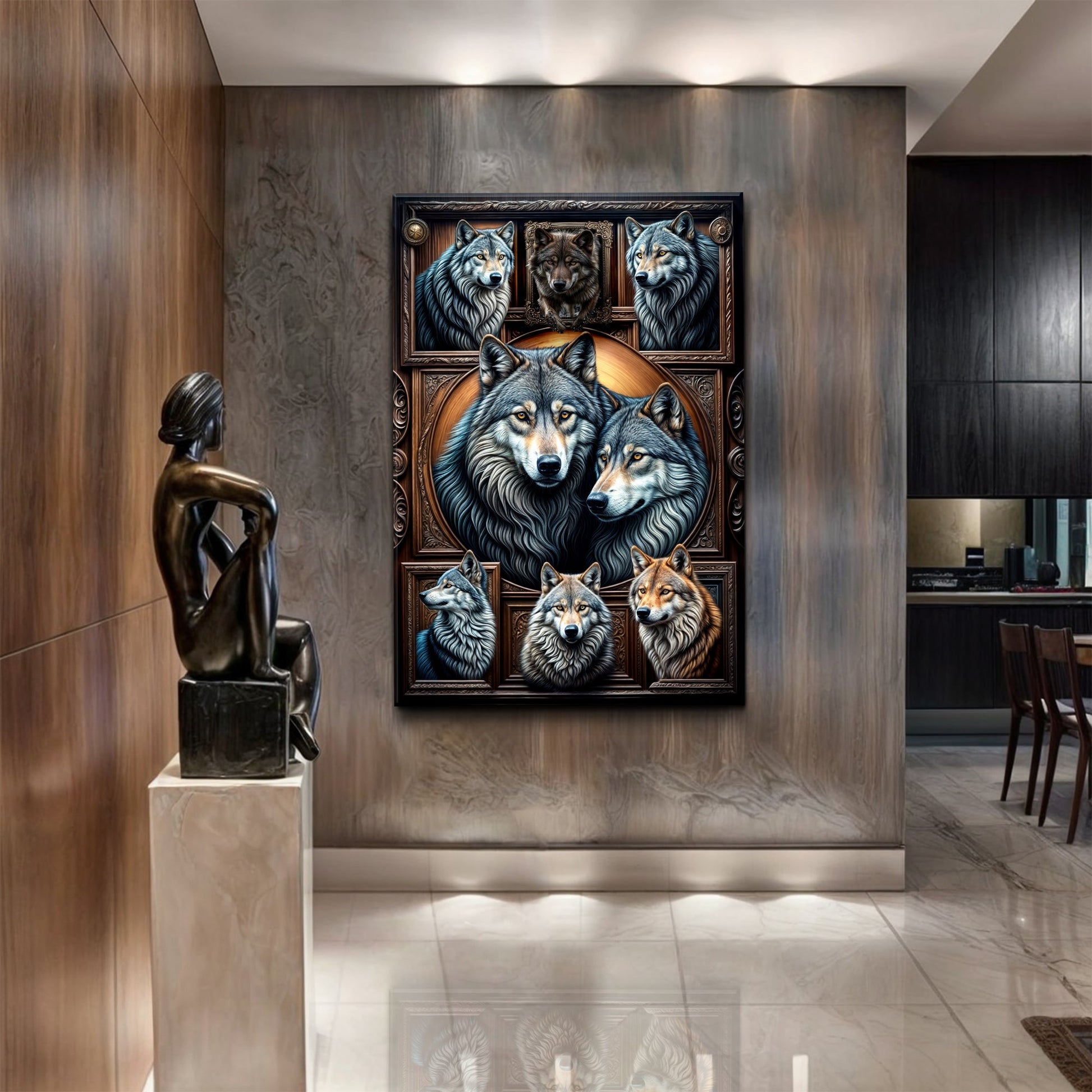 3D Wolf Collage Wall Art III canvas by Tailored Canvases with blue-grey wolves in frame on Tampa Home & Garden Store
