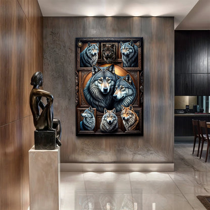 3D Wolf Collage Wall Art III canvas by Tailored Canvases with blue-grey wolves in frame on Tampa Home & Garden Store