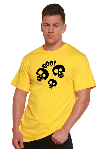 Yellow mens Halloween Boo graphic Tee in bamboo viscose/organic cotton skull print Spun Bamboo on Tampa Home & Garden Store