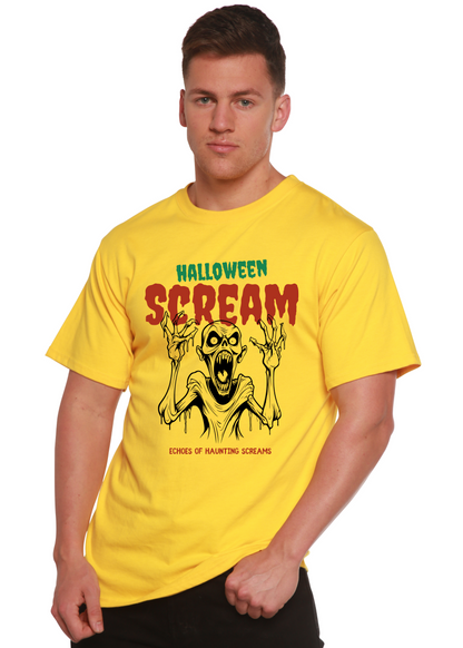 Halloween Scream men's yellow short-sleeve graphic tee by Spun Bamboo with green-red skeleton art on Tampa Home & Garden Store