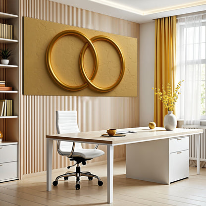 Sacred Union canvas wall art featuring interlocking gold rings on a textured yellow backdrop on Tampa Home & Garden Store