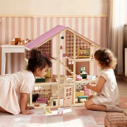 Tiny Land Sweetwood Pegasus Dollhouse wooden set with pastel pink roof and checkered walls on Tampa Home & Garden Store