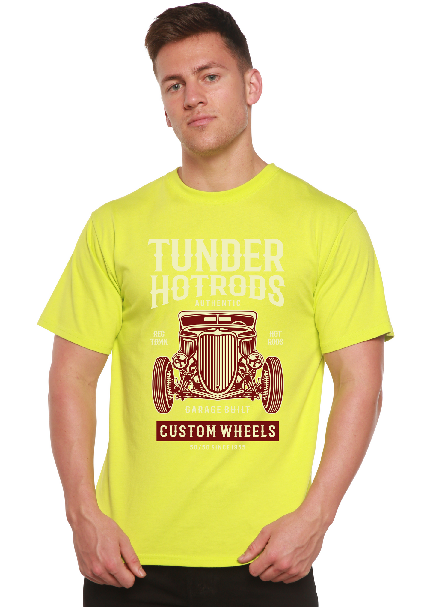 Thunder Hot Spun Bamboo men's graphic tee in neon yellow with vintage car print on Tampa Home & Garden Store
