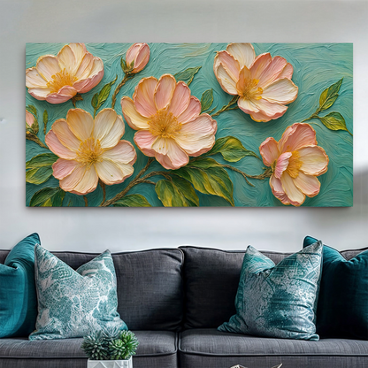 Blossoms Serenade canvas wall art with pink-peach blossoms on teal textured background on Tampa Home & Garden Store