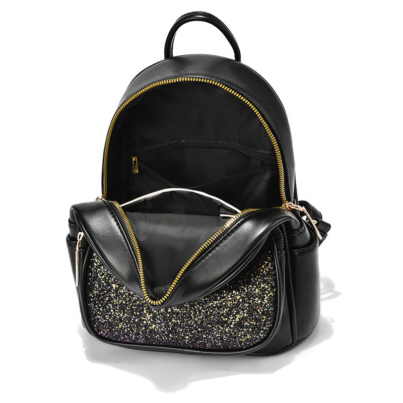 Stevvex black PU leather backpack with glitter front panel and gold zippers on Tampa Home & Garden Store