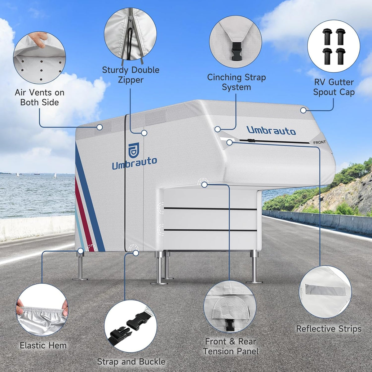Umbrauto truck camper cover, 300D Oxford, silvercoated waterproof RV cover with wind straps on Tampa Home & Garden Store