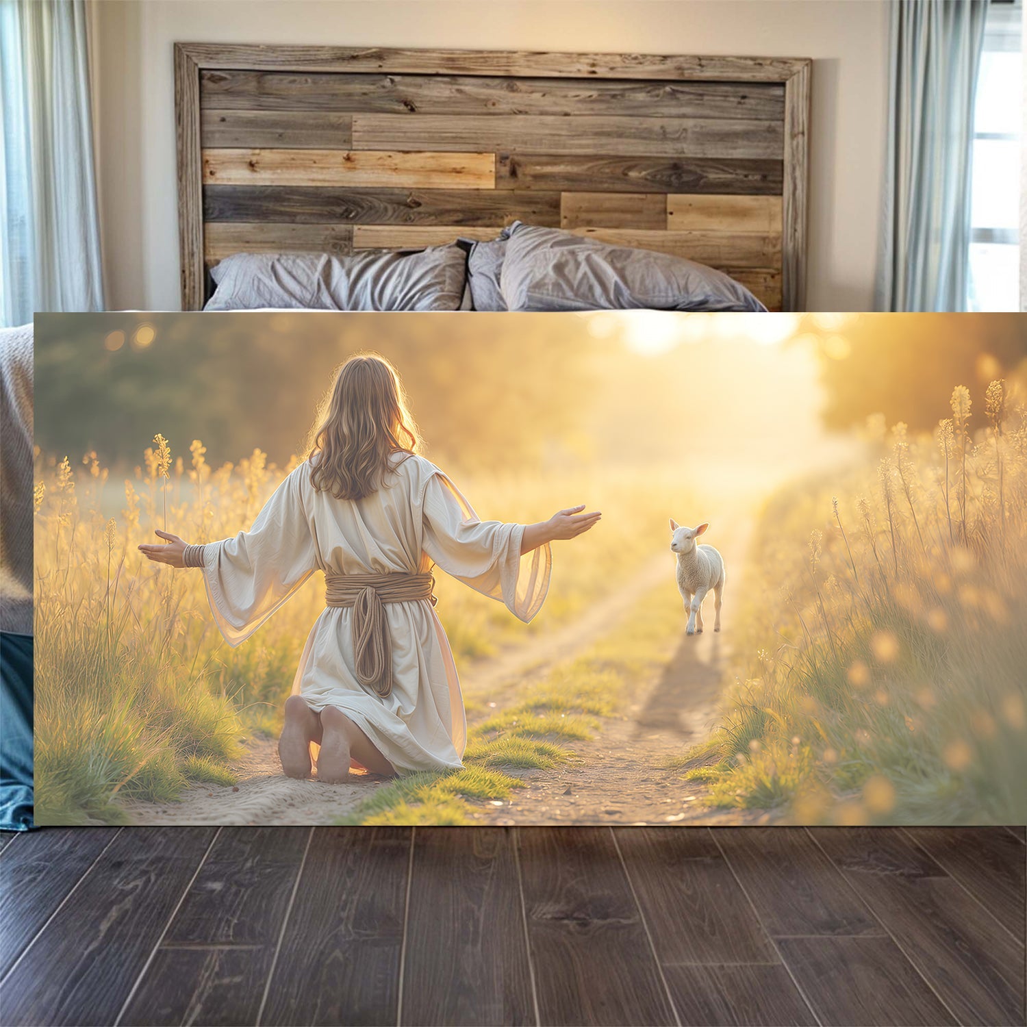 Canvas wall art Jesus Protects The Lamb From Wolves Faith Wall Art IX in a warm field with lamb on Tampa Home & Garden Store