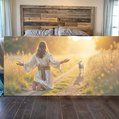 Canvas wall art Jesus Protects The Lamb From Wolves Faith Wall Art IX in a warm field with lamb on Tampa Home & Garden Store
