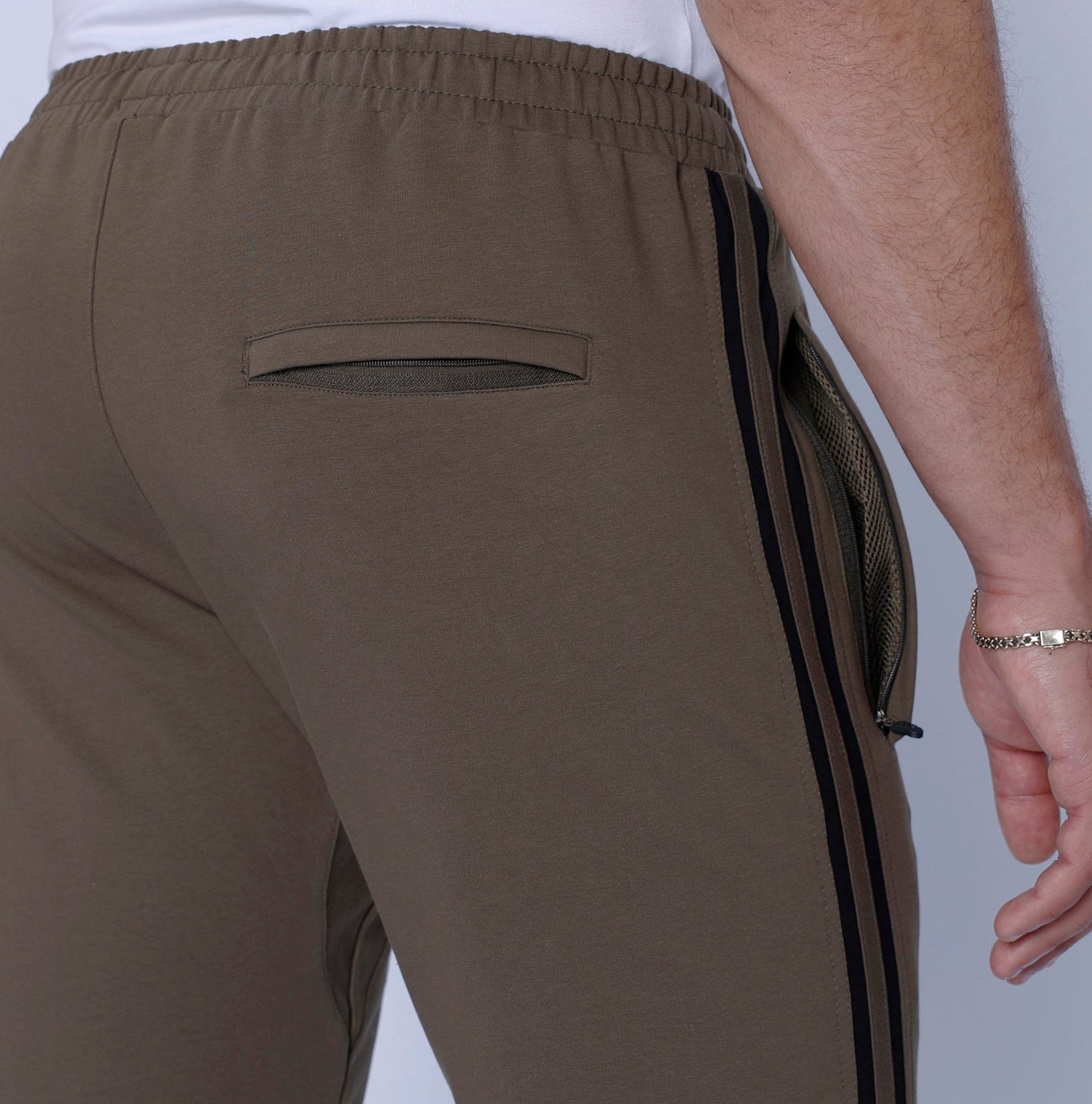 Ultimate Flex Sweatpants by SCR Sportswear – brown men's joggers with zip pocket and side stripe on Tampa Home & Garden Store
