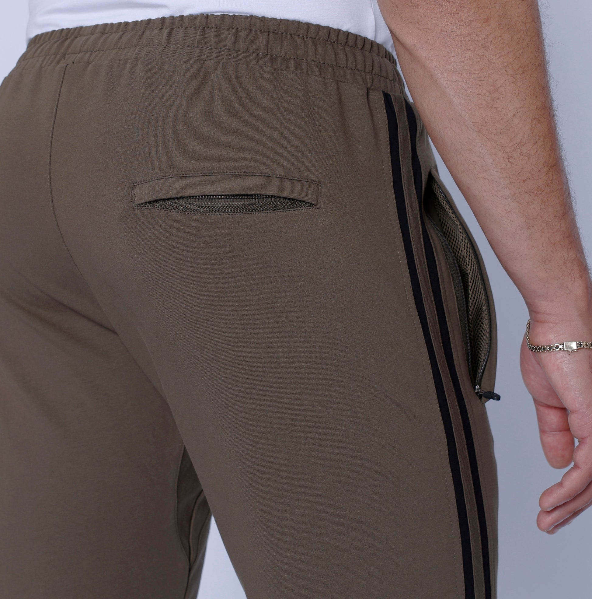 Ultimate Flex Sweatpants by SCR Sportswear – brown men's joggers with zip pocket and side stripe on Tampa Home & Garden Store