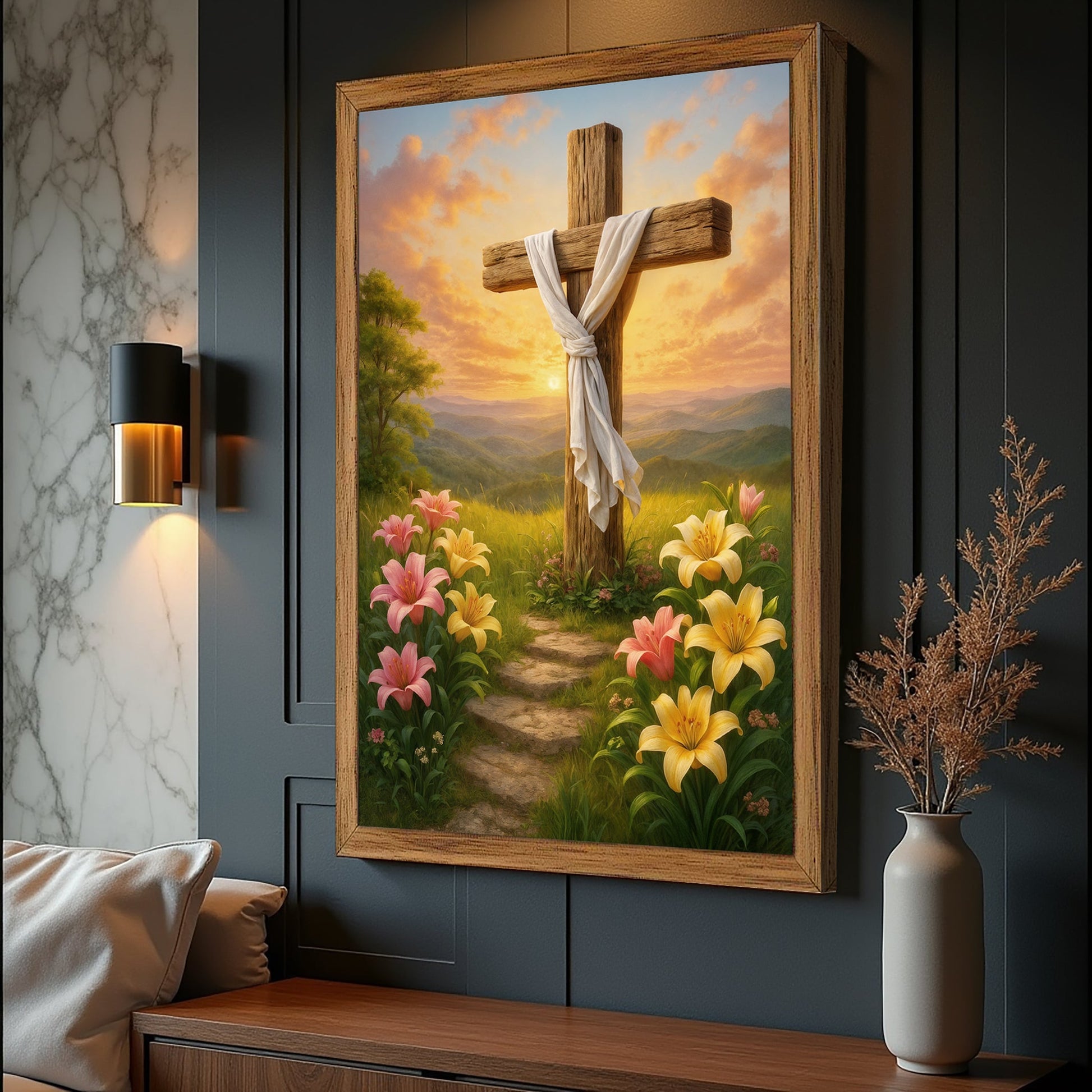 Cross and Flowers Faith Wall Art II canvas with wooden cross and white cloth at sunset among lilies on Tampa Home & Garden Store