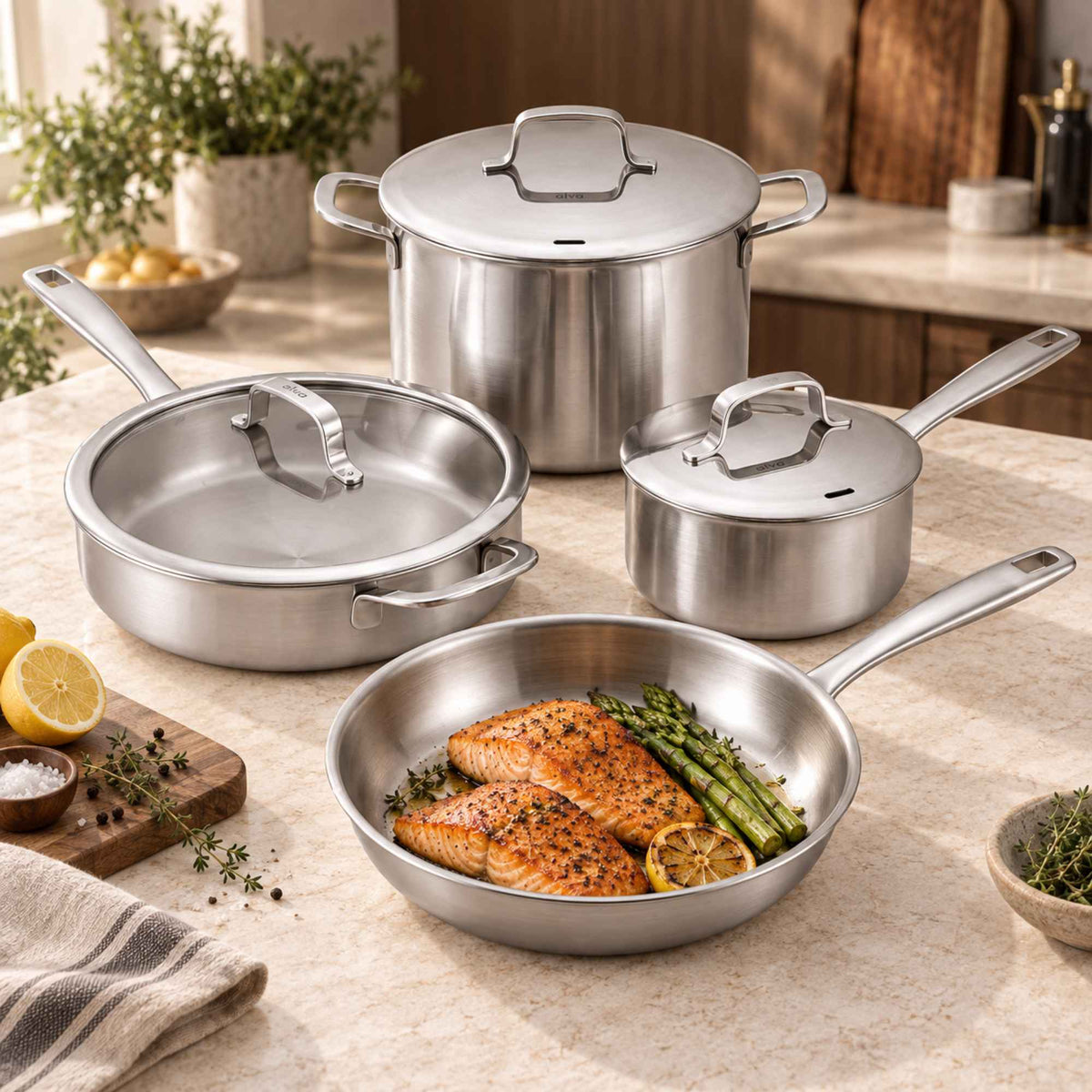 Alva 5-Ply Stainless Steel Cookware Set, 7-Piece with glass lids on Tampa Home & Garden Store