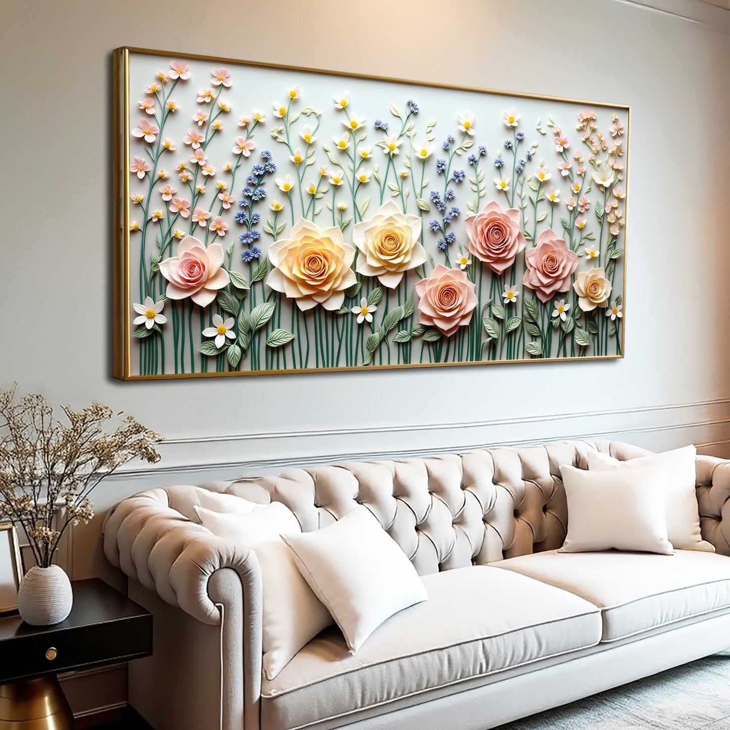 Garden Rhapsody Wall Art canvas with pastel flowers in gold frame Tailored Canvases on Tampa Home & Garden Store