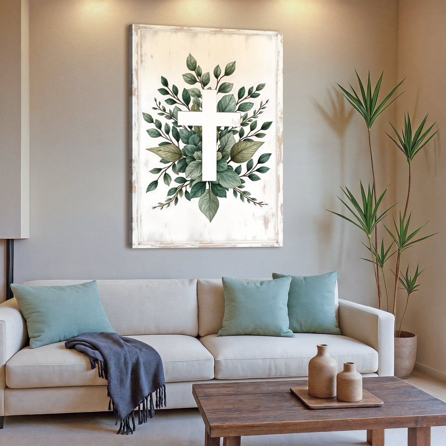 Minimalist Cross Faith Wall Art II canvas by Tailored Canvases with green leaves on Tampa Home & Garden Store