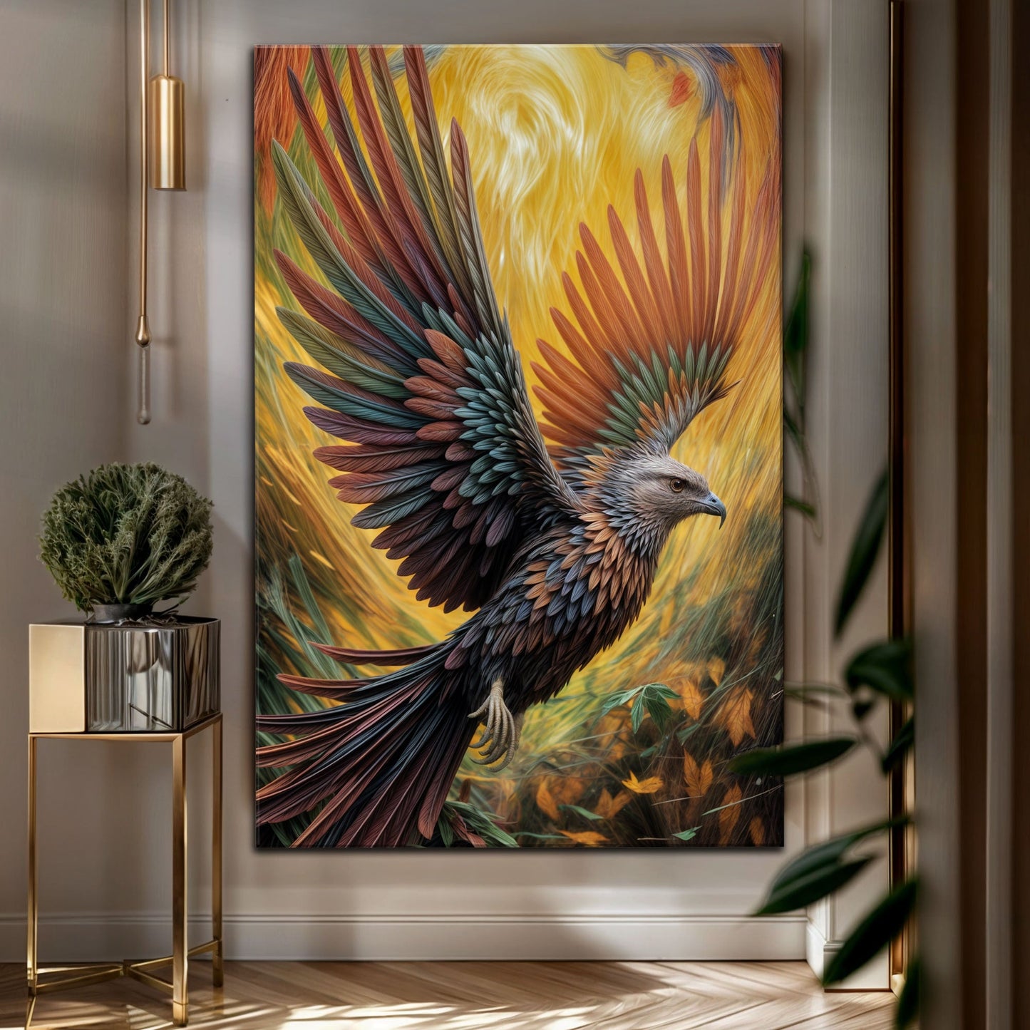 Flight Of Fancy Bird Wall Art canvas by Tailored Canvases vivid feathers on yellow backdrop on Tampa Home & Garden Store