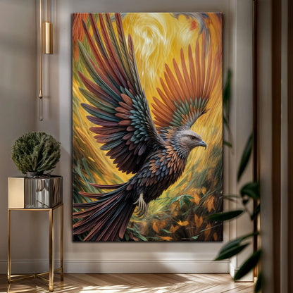 Flight Of Fancy Bird Wall Art canvas by Tailored Canvases vivid feathers on yellow backdrop on Tampa Home & Garden Store
