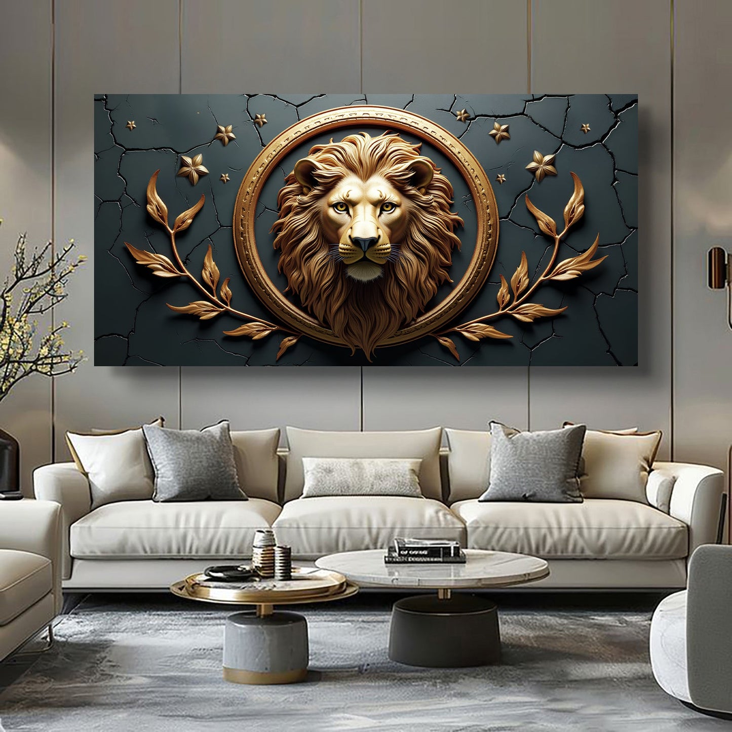 3D Majestic Lion Wall Art canvas with a gold lion head in a round frame on cracked teal on Tampa Home & Garden Store
