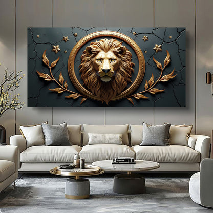 3D Majestic Lion Wall Art canvas with a gold lion head in a round frame on cracked teal on Tampa Home & Garden Store