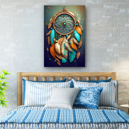 3D Whispering Feathers Wall Art IV canvas with teal and orange dreamcatcher feathers on Tampa Home & Garden Store