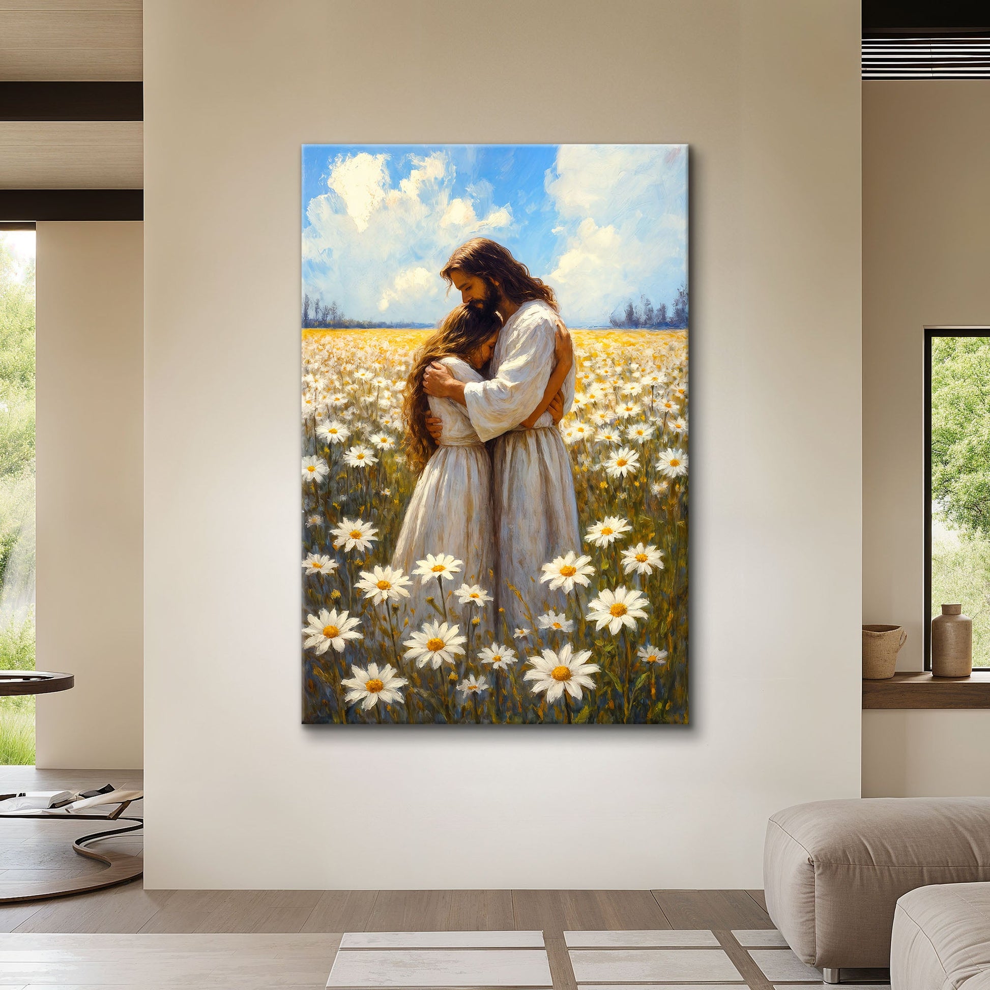 Jesus Hugging Woman Faith Wall Art II canvas by Tailored Canvases, daisies field scene on Tampa Home & Garden Store