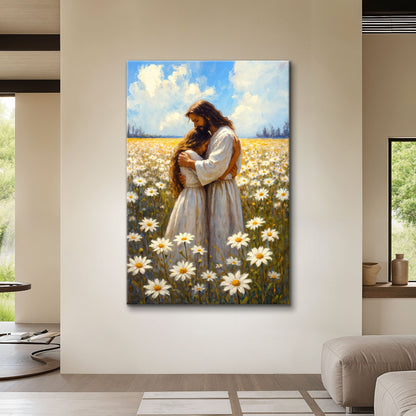 Jesus Hugging Woman Faith Wall Art II canvas by Tailored Canvases, daisies field scene on Tampa Home & Garden Store