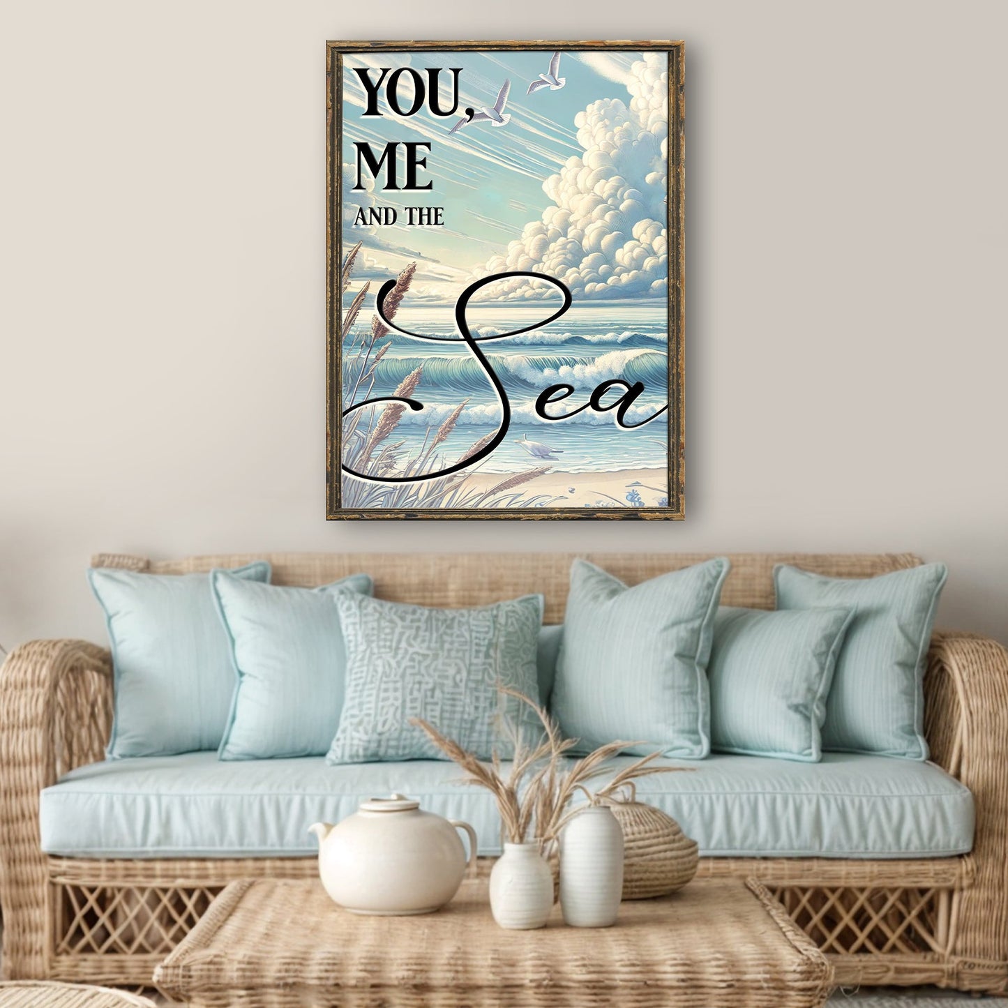 You Me and the Sea Coastal Sign III wood-framed canvas in coastal tones by Tailored Canvases on Tampa Home & Garden Store
