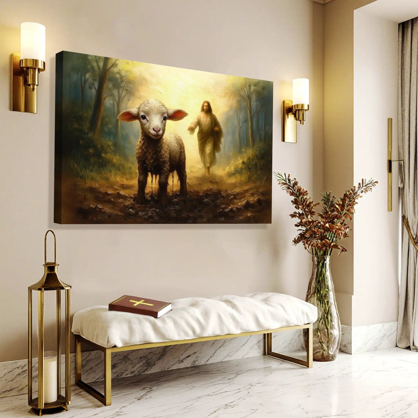 Jesus Running After A Lost Lamb Faith Wall Art canvas in warm forest with foreground lamb on Tampa Home & Garden Store