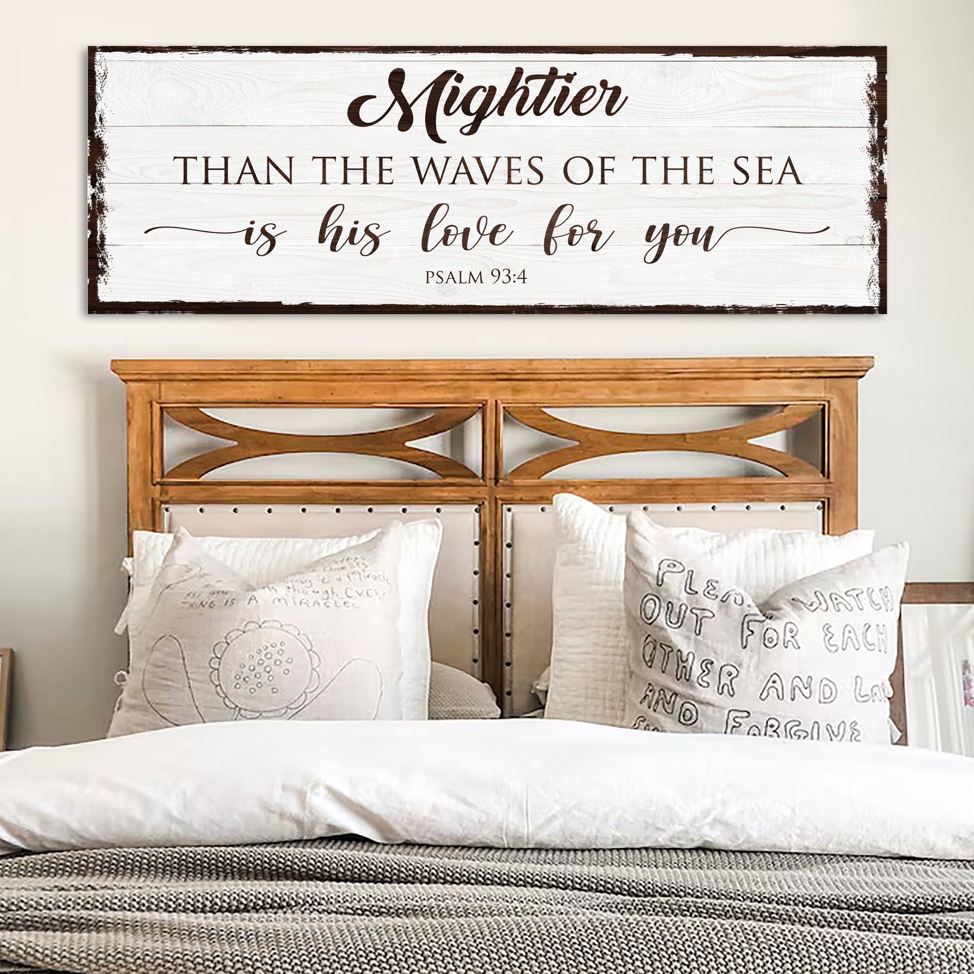 Canvas sign Mightier Than the Waves of the Sea Psalm 93:4 Tailored Canvases, wood with brown text on Tampa Home & Garden Store