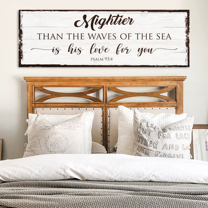 Canvas sign Mightier Than the Waves of the Sea Psalm 93:4 Tailored Canvases, wood with brown text on Tampa Home & Garden Store