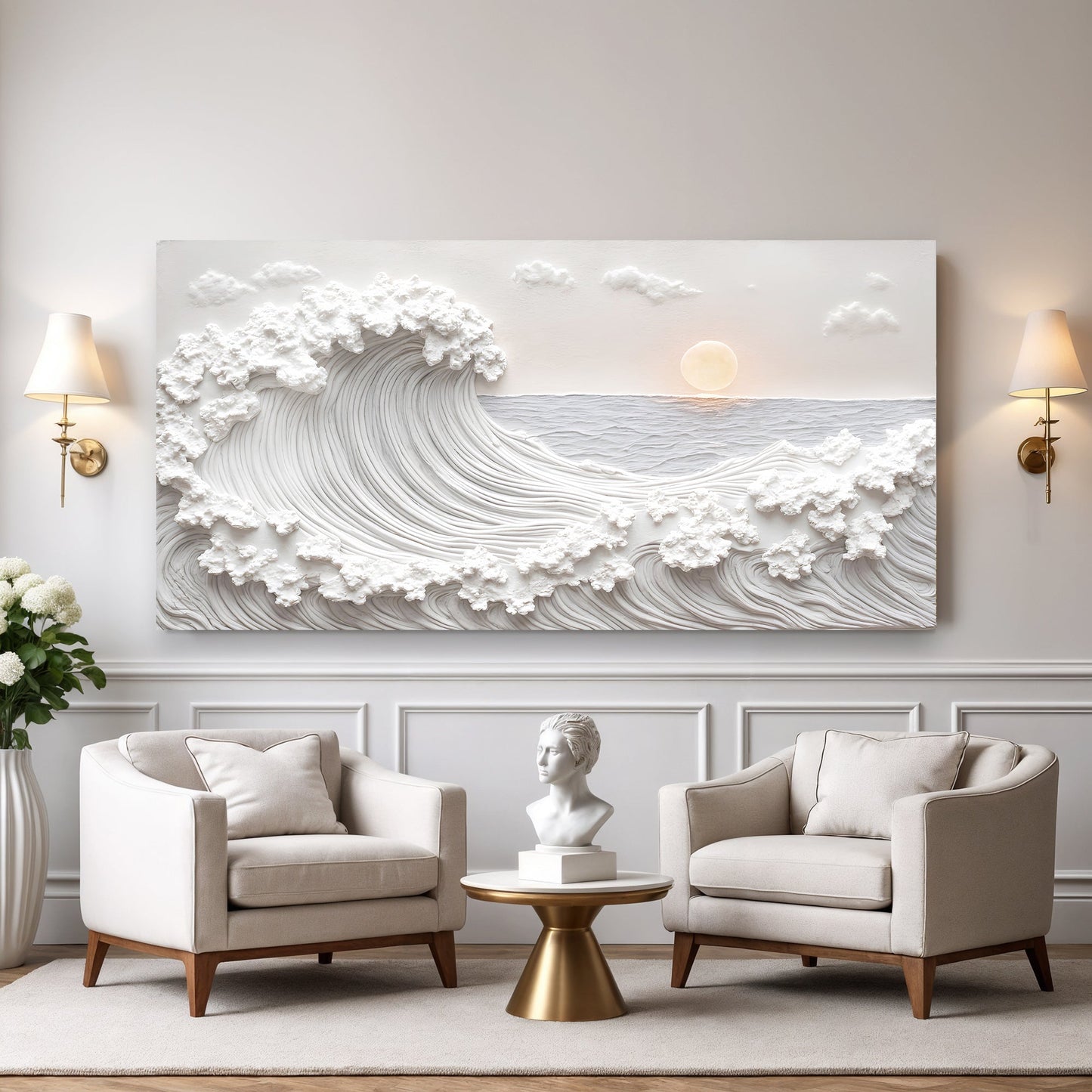 Ocean Waves Abstract Wall Art canvas relief with sculpted waves and clouds, sun accent on Tampa Home & Garden Store