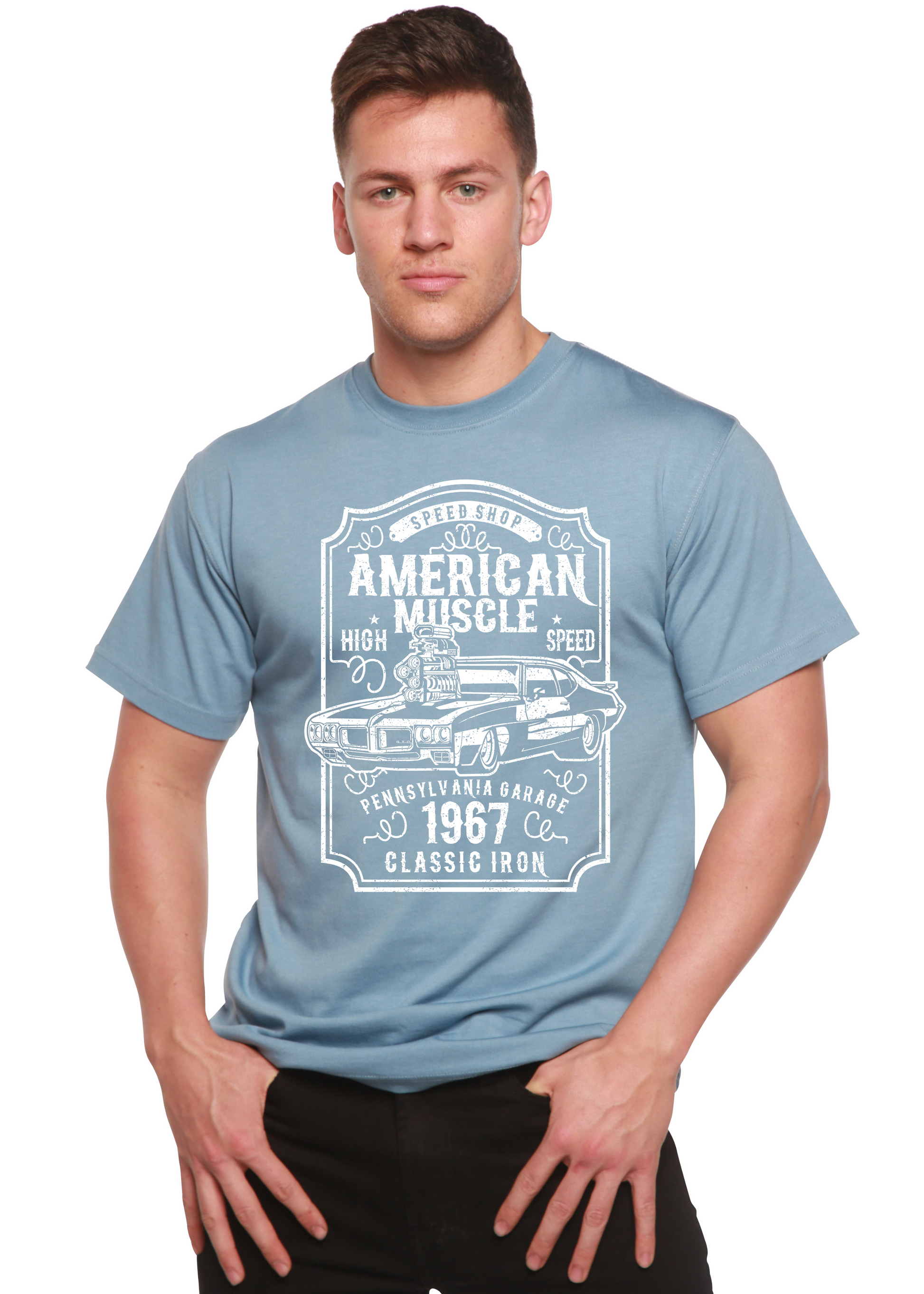 Men's blue graphic tee with vintage car print, bamboo viscose/organic cotton by Spun Bamboo on Tampa Home & Garden Store