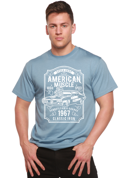Men's blue graphic tee with vintage car print, bamboo viscose/organic cotton by Spun Bamboo on Tampa Home & Garden Store