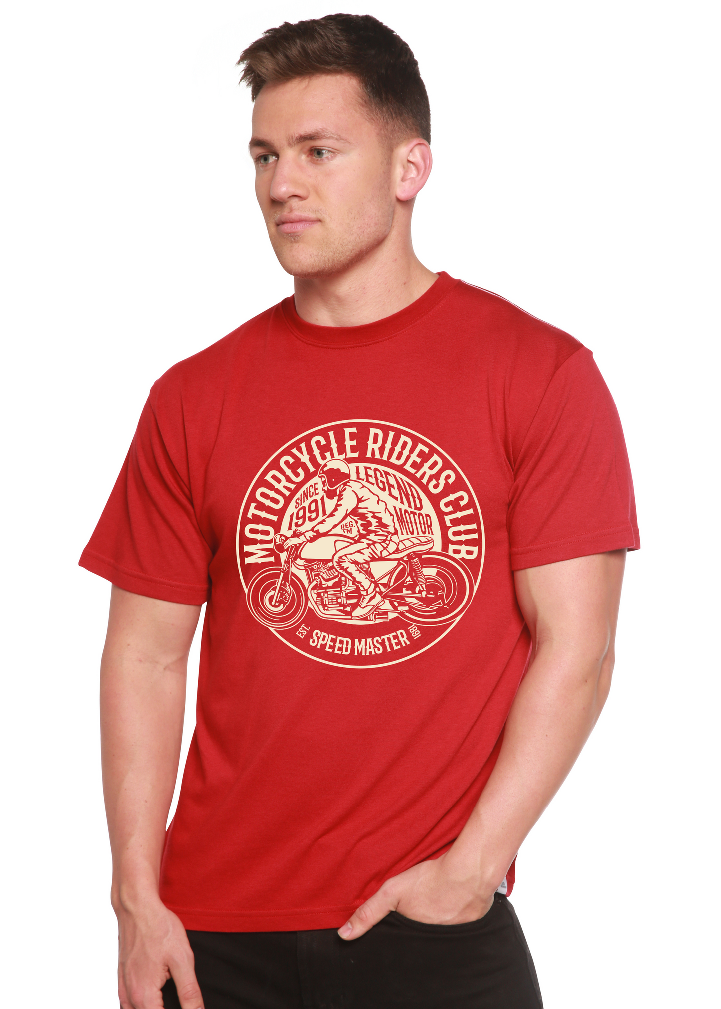 Motorcycle Riders Club men's red graphic tee with white biker print; bamboo viscose/cotton on Tampa Home & Garden Store
