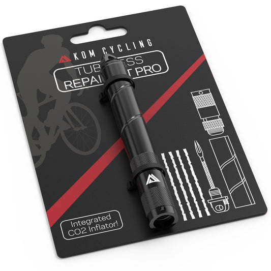 KOM Cycling Tire Repair Tool PRO CO2 inflator on black packaging with cyclist graphic on Tampa Home & Garden Store