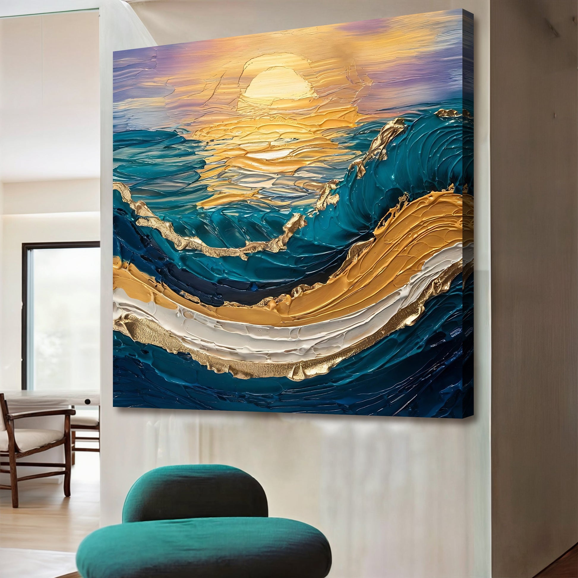 Golden Hour Wall Art canvas by Tailored Canvases with sunset hues and teal waves on Tampa Home & Garden Store