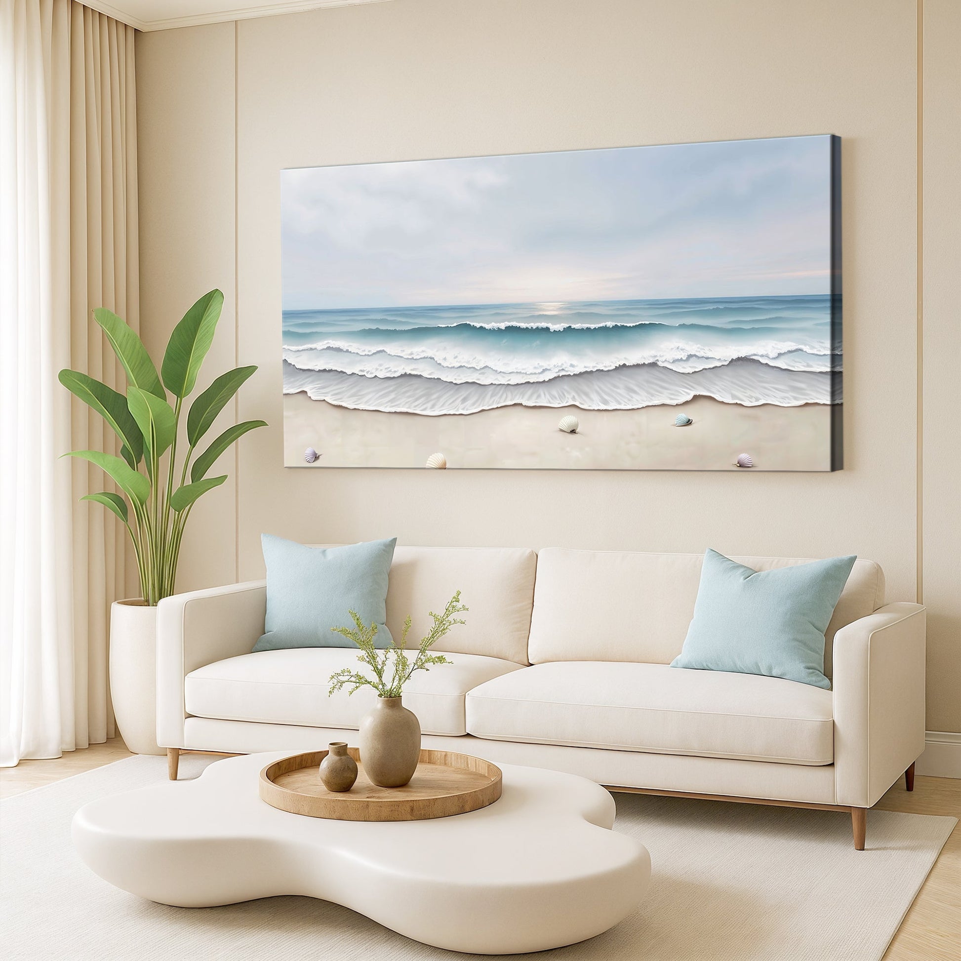Serene Ocean Wave Coastal Wall Art III canvas depicting blue ocean waves and seashells on Tampa Home & Garden Store