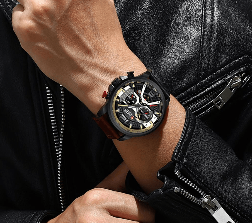 Stevvex men's waterproof watch with brown leather strap, skeleton chronograph dial on Tampa Home & Garden Store