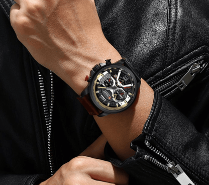 Stevvex men's waterproof watch with brown leather strap, skeleton chronograph dial on Tampa Home & Garden Store