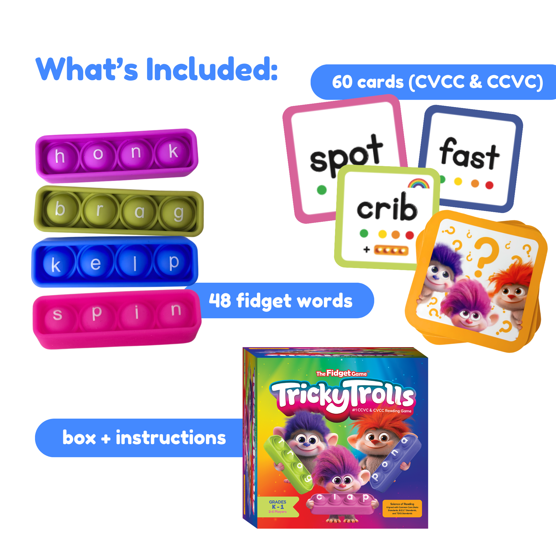 Tricky Trolls game by The Fidget Games with color tiles and 60 CCVC/CCVC cards on Tampa Home & Garden Store