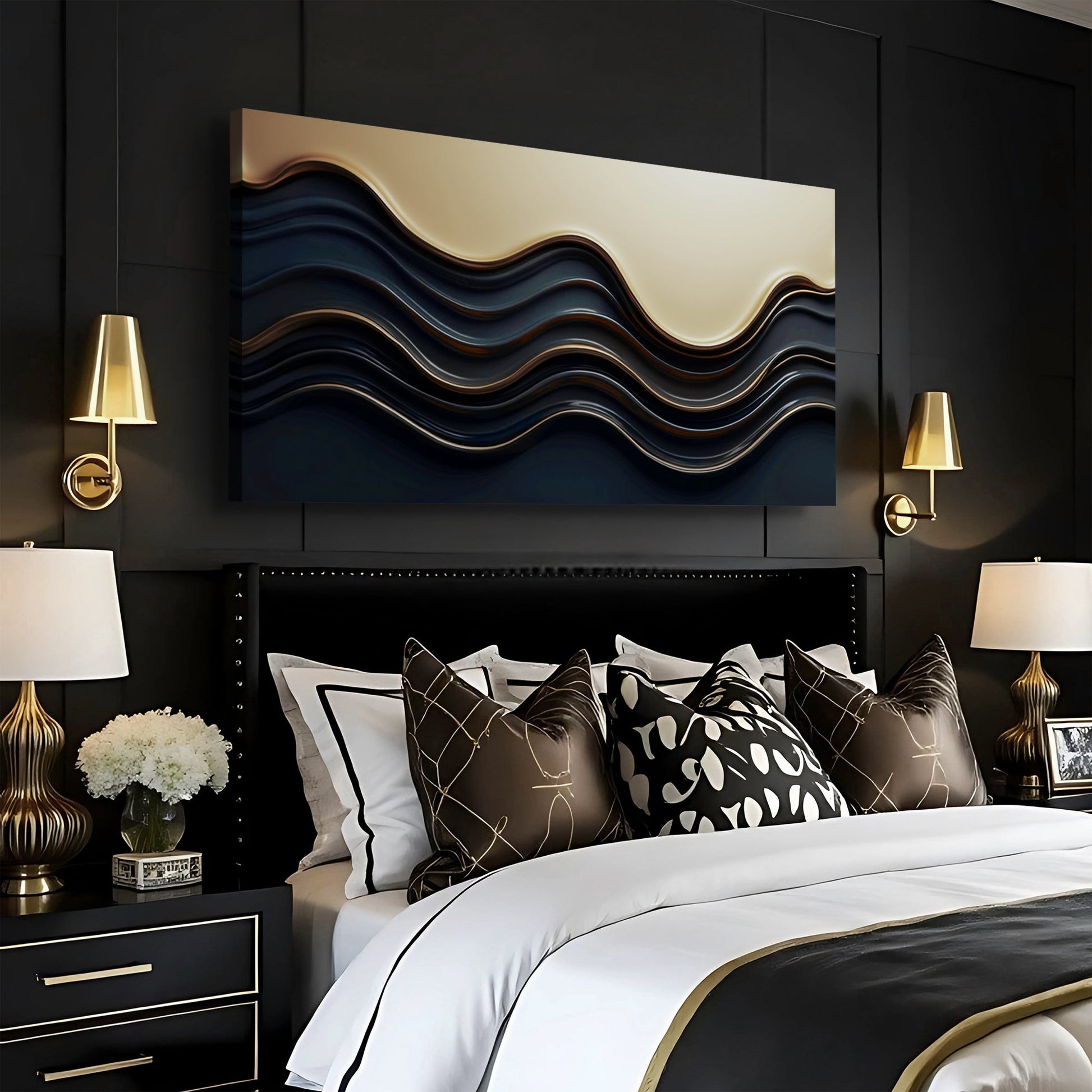 Canvas wall art Black and Gold Minimalist Abstract Wall Art III, black gold waves on dark wall on Tampa Home & Garden Store