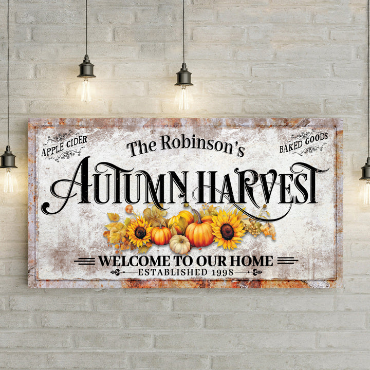 Family Autumn Harvest Sign II canvas by Tailored Canvases with rustic pumpkin sunflowers motif on Tampa Home & Garden Store