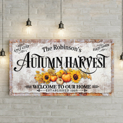 Family Autumn Harvest Sign II canvas by Tailored Canvases with rustic pumpkin sunflowers motif on Tampa Home & Garden Store