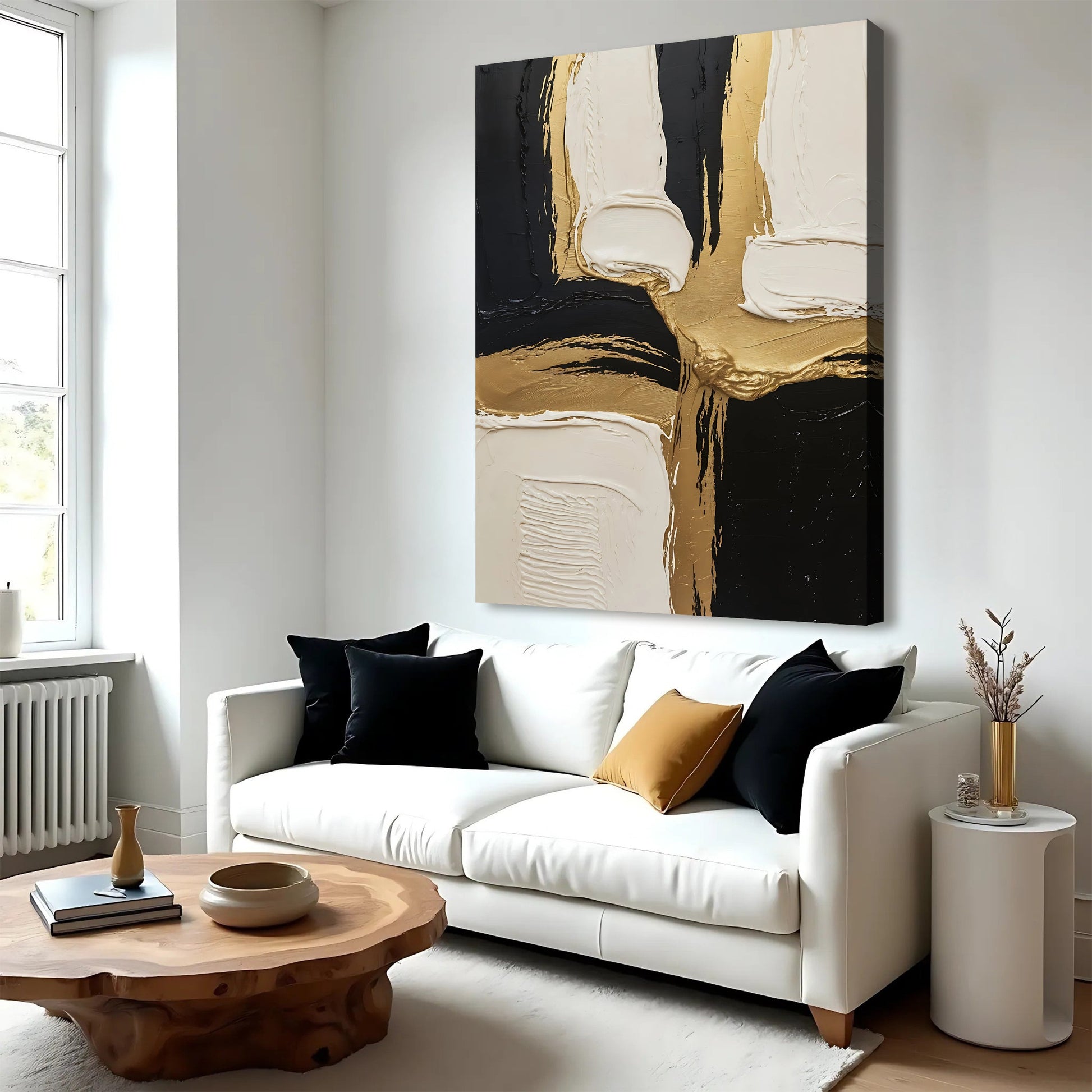 Black White and Gold Wall Art canvas with thick textured abstract stripes by Tailored Canvases on Tampa Home & Garden Store