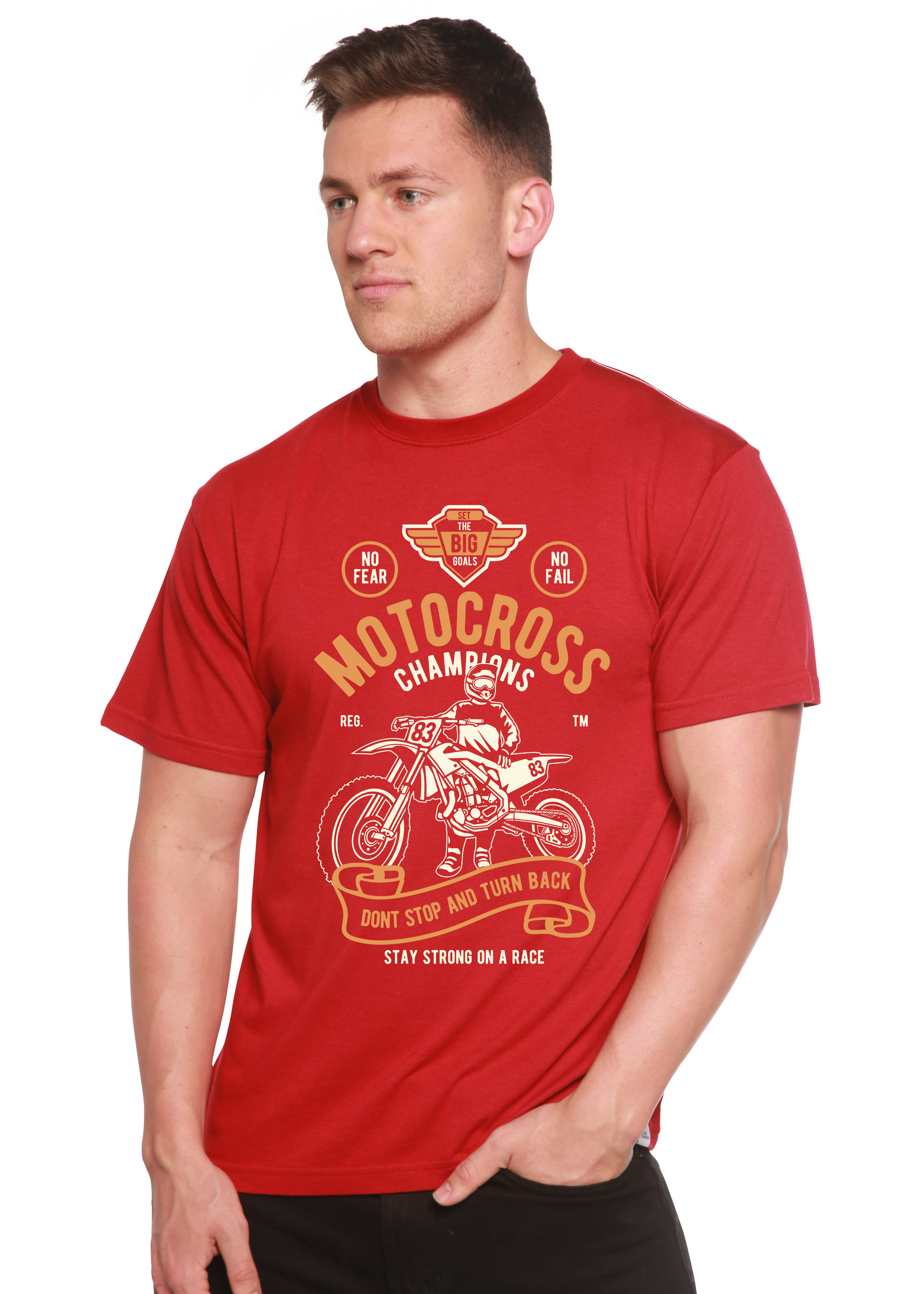 Men's Motocross Champions graphic T-shirt in red bamboo viscose/organic cotton on Tampa Home & Garden Store